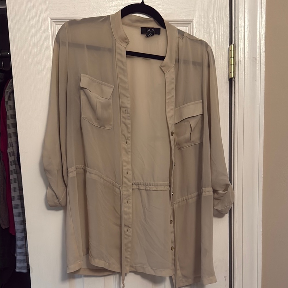 BCX Tan Boxy Blouse with Mandarin Collar